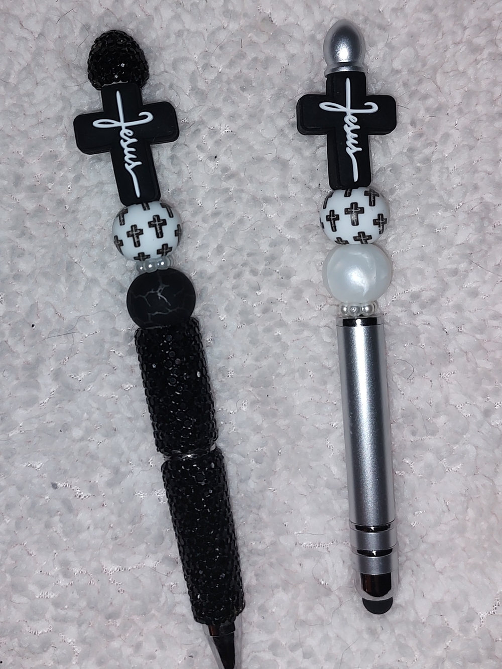 New! Black & Silver Cross Bead Pen And Stylus with 'Jesus' Cross Accent